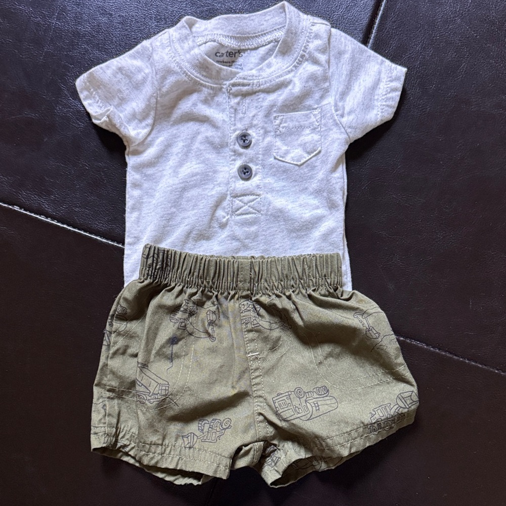Carter's Cream Button-Up Shirt and Olive Shorts Set